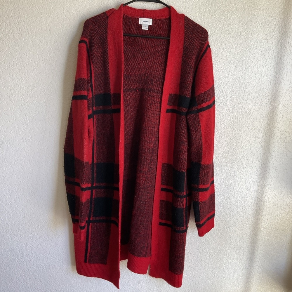 Old Navy Womens Red Black Buffalo Plaid Open Front Cardigan Acrylic Sweater Med